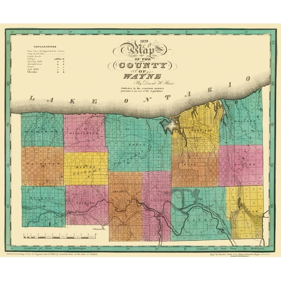 Historic County Map - Wayne County New York - Burr 1829 - 27.63 x 23 - Vintage Wall Art