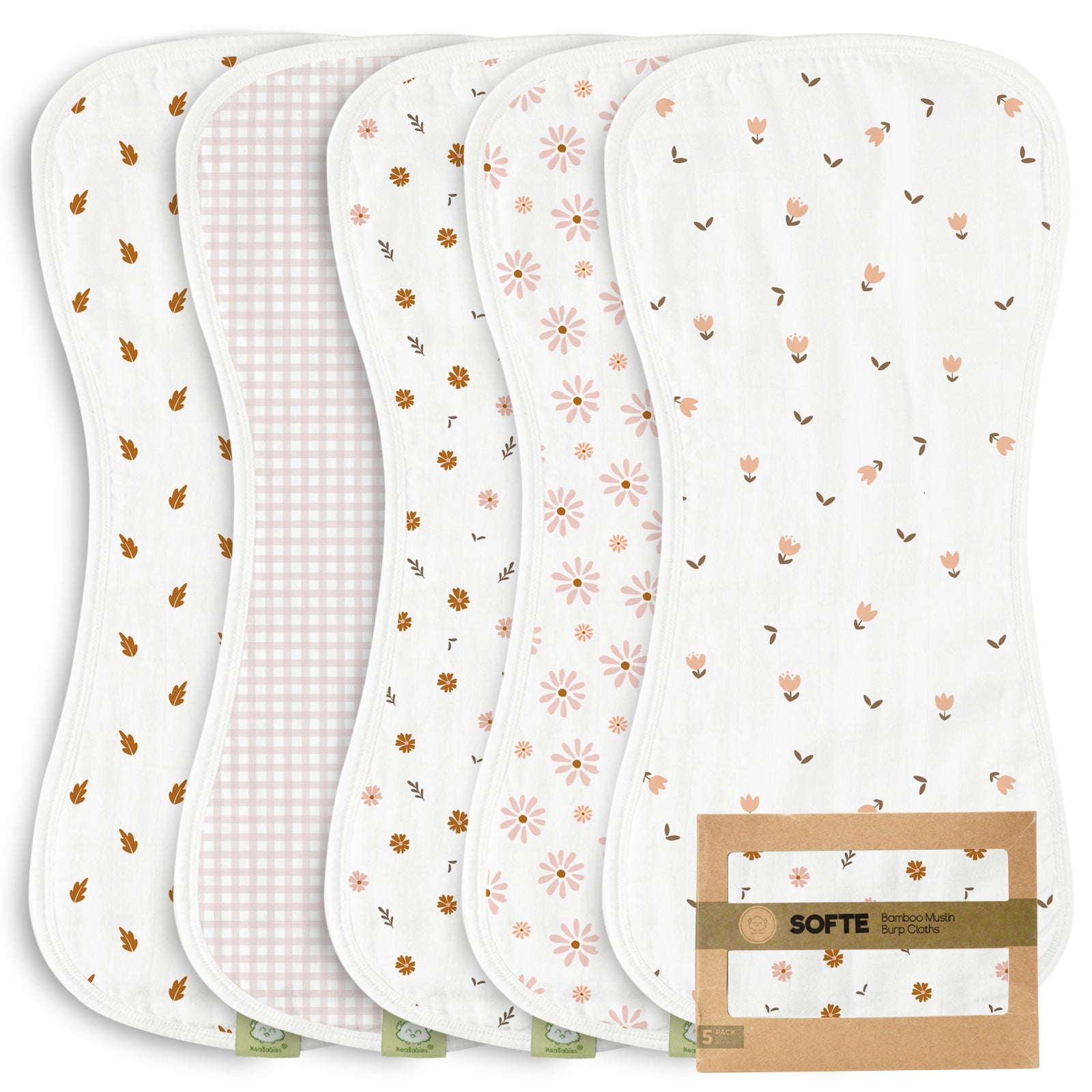 5pk Softe Muslin Burp Cloths for Baby Girls, Boys, Organic Burping