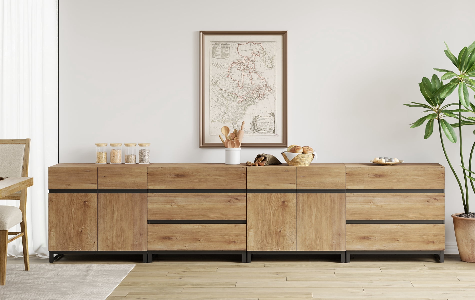 Modern 4-In-1 Multifunctional Sideboard Buffet with Adjustable Shelves and 6 Drawers for Living Room,Dining Room,Oak