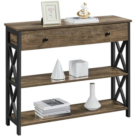 Alden Design Wood and Iron Console Table, 1 Drawers and 2 Shelves, Taupe Wood with Dark Frame