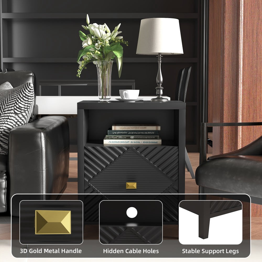 Nightstand with Charging Station, 2 USB Ports & 2 AC Outlets, 19" Modern Bedside Table with Storage Shelf and Cabinet, Black