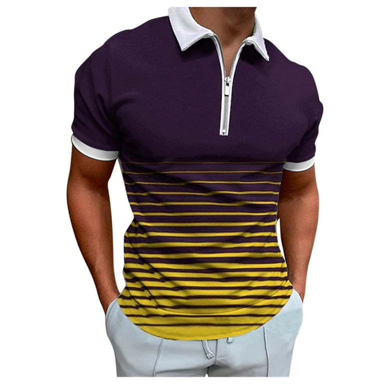 B91xZ Workout Shirts Male Casual Stripe Print Turn Down Zipper