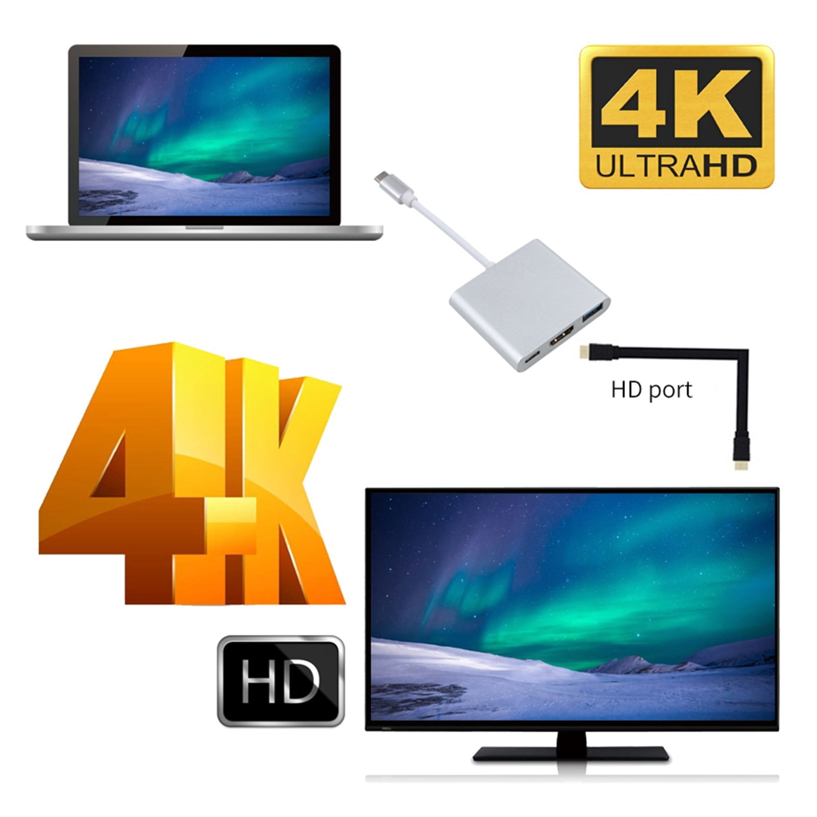 Type-C HUB USB C to HDMI Cable Adapter Splitter 3 in 1 4K HDMI USB PD Fast Charging Smart Adapter