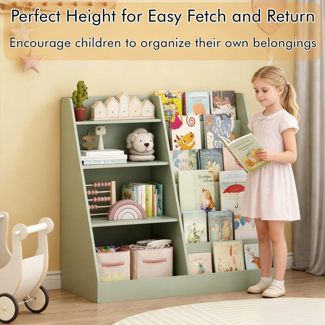 4-Tier Kids Bookshelf and Toy Storage Organizer, Wooden Children's Bookcase with Multi-Level Shelves & Toy Bin, Book Display Stand for Kids Room, Playroom & Nursery, Sage