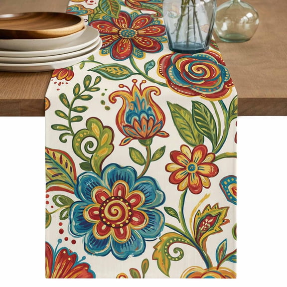 Paisley Boho Floral Table Runner 48 Inches, Vintage Flowers Botanical Bed Runner Dresser Scarves Tabletop for Indoor Outdoor Parties/Ceremony/Banquet, 13" x 48"
