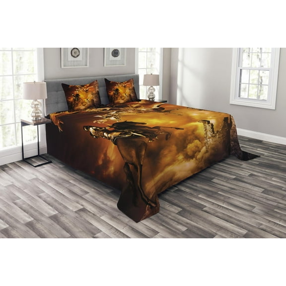 Ambesonne Marigol Black Quilted Bedspread Set 3 Pcs, Knight on Horse, King Size, Black and Marigold
