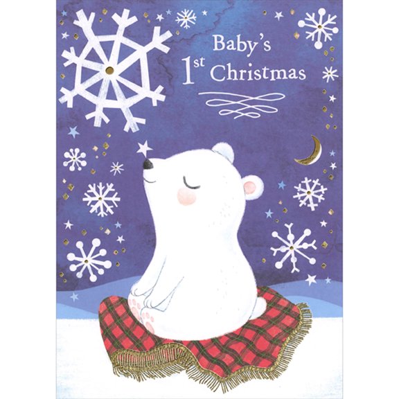 Designer Greetings Polar Bear Cub with Closed Eyes Sitting on Plaid Blanket Baby's 1st Christmas Card