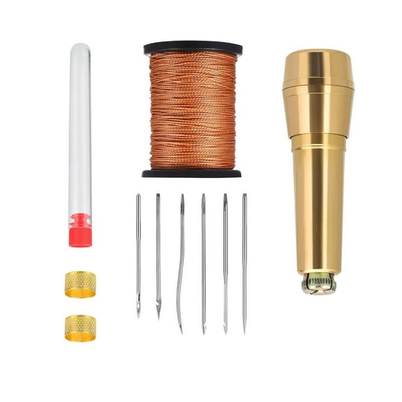 CSYANXING Copper Handle Sewing Awl Kit 10 Items 6 Needles 45m Nylon Cord 2 Thimbles for Leather Crafts Car Seats Sofa Upholstery Repair