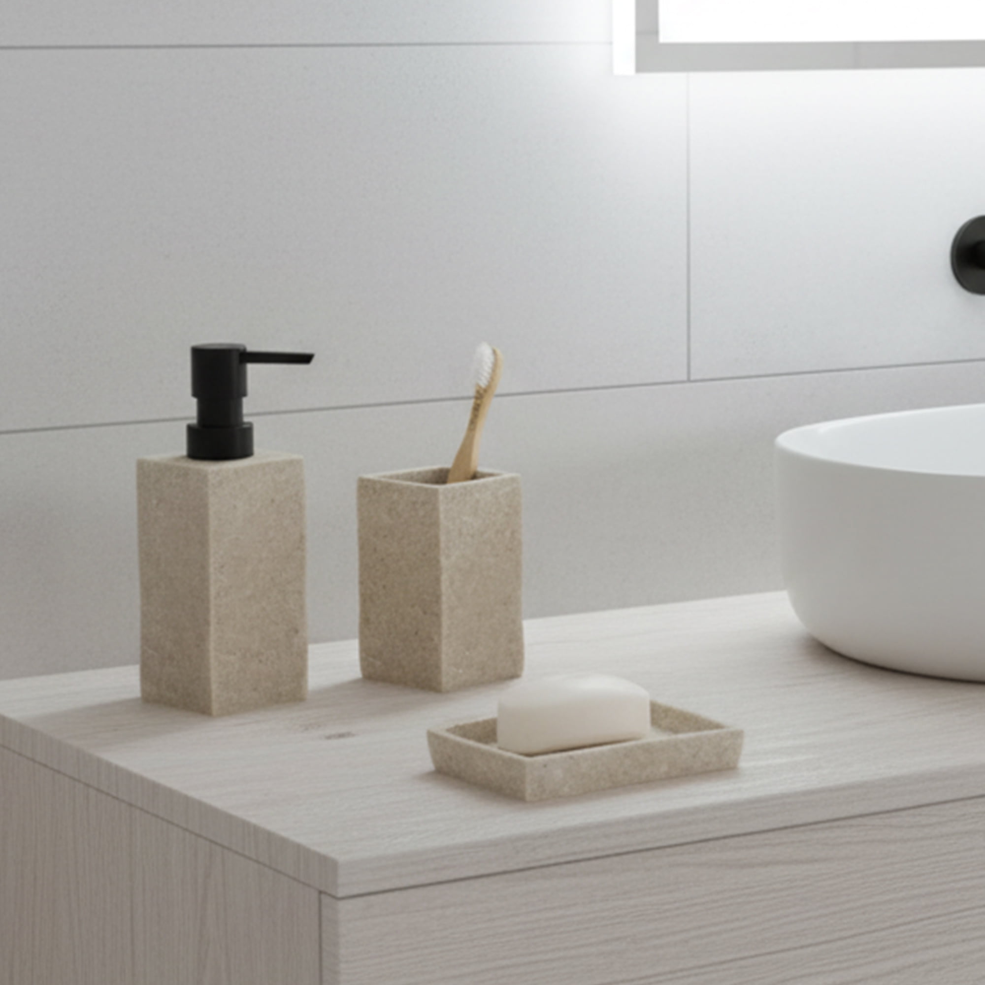 Bath Square Resin Hand Soap & Lotion Dispenser Stone Effect 9 FL OZ Natural