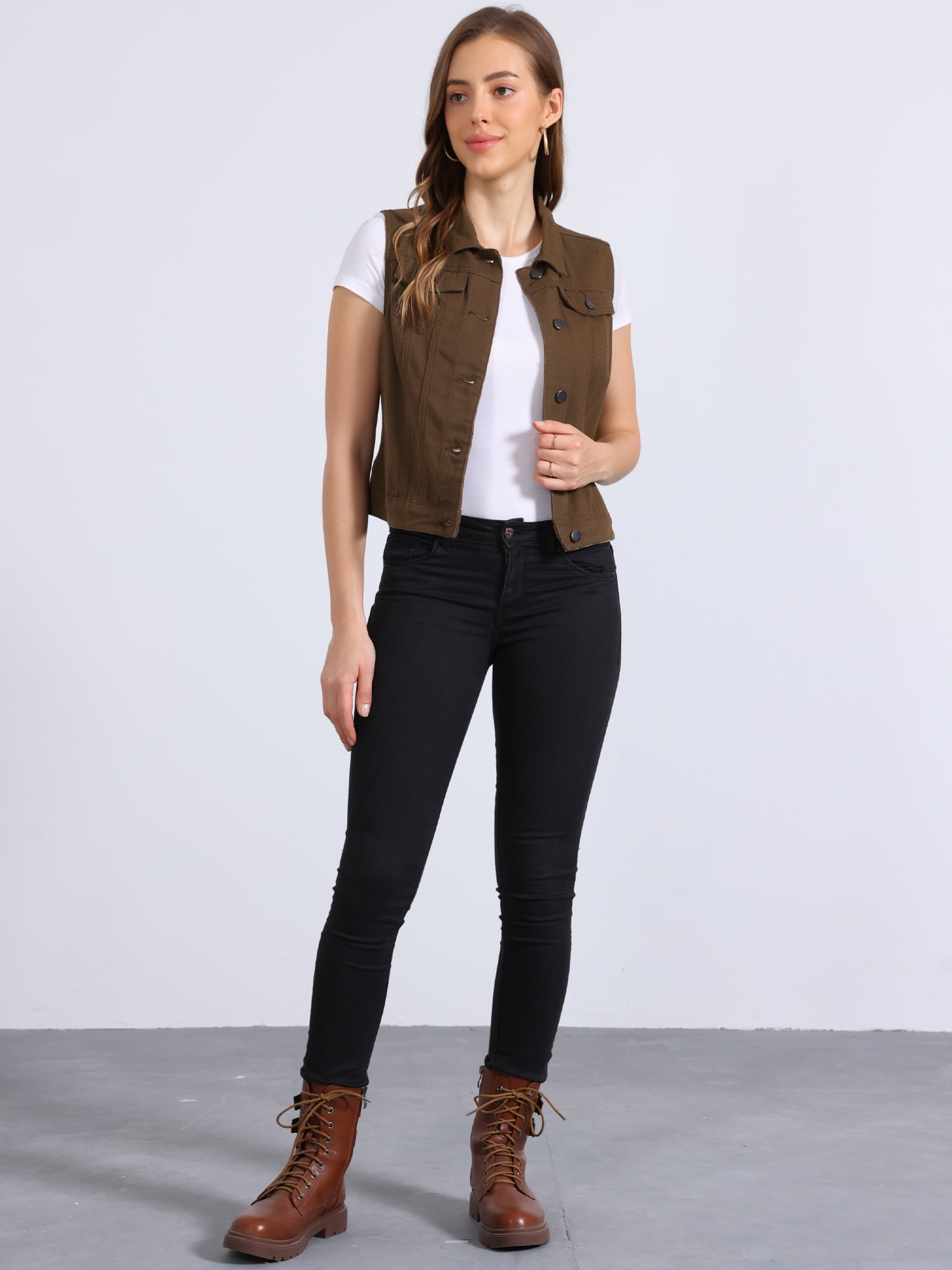 DARING DIVA Women's Denim Sleeveless Flap Pockets Vest Jacket M Dark Coffee