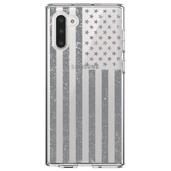 DistinctInk Clear Shockproof Hybrid Case for Samsung Galaxy Note 10 (6.3" Screen) - TPU Bumper, Acrylic Back, Tempered Glass Screen Protector - Weathered Grey US Flag