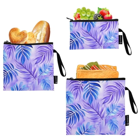 Haosy 3 Pack Reusable Ziploc Bags BPA Free Healthy Food Storage Bag Leakproof Sandwich Snack Freezer Bags Blue Purple Palm Leaves