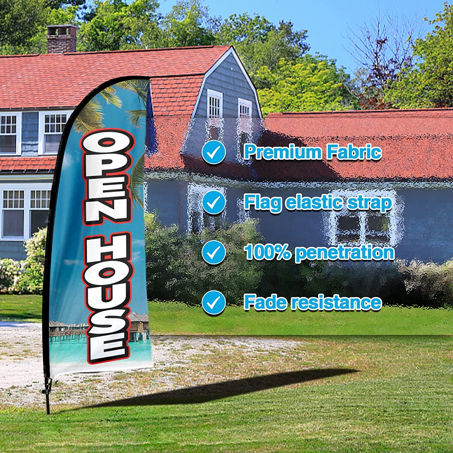 QSUM Open House Feather Flag with Flag Pole Kit and Ground Spike, 7Ft Tall Advertising Windless Open House Flag Sign for Outdoor Indoor Business