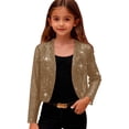 thumbnail image 2 of Girls Sparkly Cardigan, Lightweight Long Sleeve Cropped Open Front Thin Coat for Party, School, and Loungewear, Solid Color Layering Piece, Versatile for Casual and Special Occasion Outfits - Khaki, 2 of 8