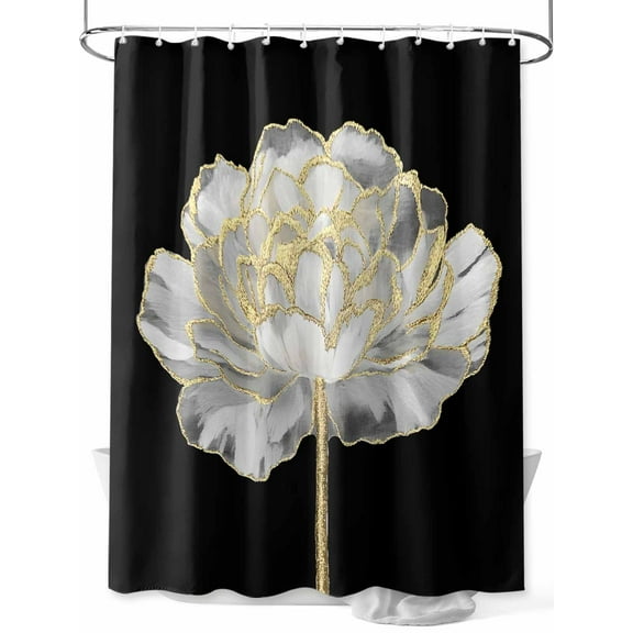 Shower Curtain White Black Flower Bathroom Curtains with Hooks, Waterproof Fabric Abstract Floral Golden Bath Shower Curtains Set for Bathroom Bathtubs Decor 36x72 Inch