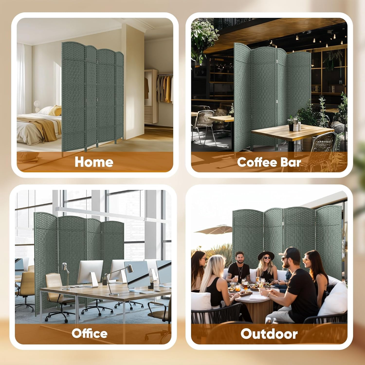 Jostyle 6ft Room Divider with Hand-Woven Design, 4-Panel Folding Privacy Screen Freestanding Gray-Green