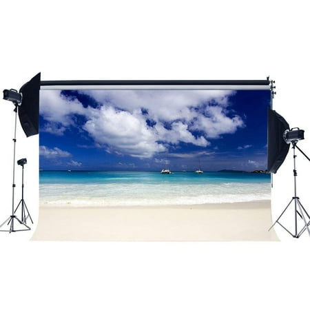 Image of ABPHOTO Polyester 7x5ft Seaside Sand Beach Backdrop Ship Blue Sky White Cloud Nature Romantic Summer Holiday Journey Ocean Sailing Photography Background Girls Lover Wedding Photo Studio Props