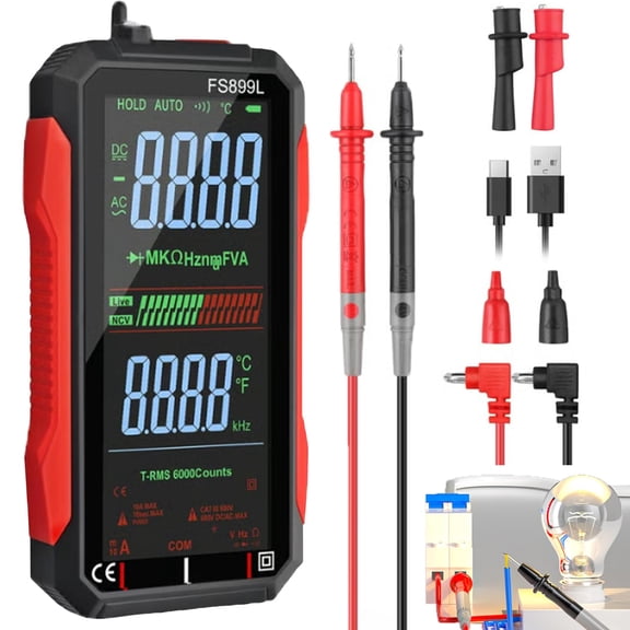 True RMS 6000-Count Digital Voltmeter, FS899L Digital Multimeter USB Rechargeable with Color Screen, Smart Auto-Ranging Electrical Tester for Home, Industrial & Car Electrical Testing (1pcs)