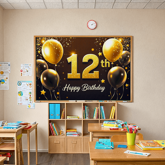 Golden Balloons 12th Banner for Kids Party Celebration Event Indoor Decoration