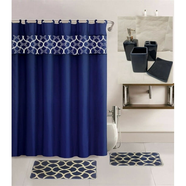 7 Piece Complete Bathroom Set Geometric Navy Print Design With Non-slip 