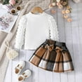 thumbnail image 4 of DHFJKG Girls Outfits Ribbed Puff Sleeve Top With Plaid Bowknot Skirt 2 Piece Outfit For Kids 7-8 Years Old Cozy Outfit, 4 of 8