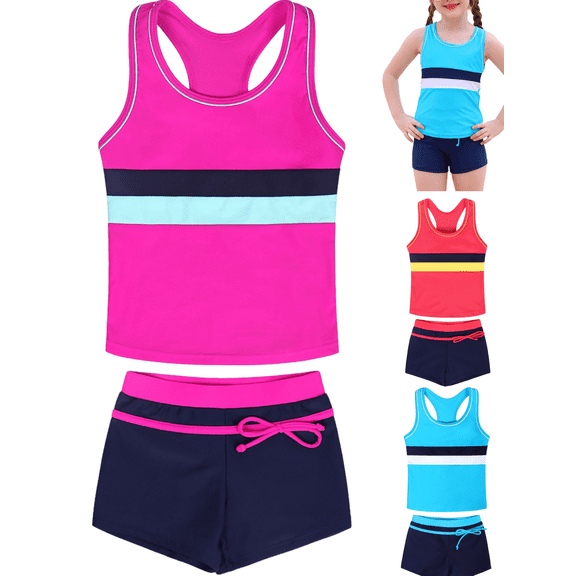 Xdegoge Two Piece Tankini Set for Teen Girls Stripe & Color-Block Tankini Top with Swim Shorts, Drawstring Waist for Tweens Casual Beach Vacation and Swimming (6-17Y)