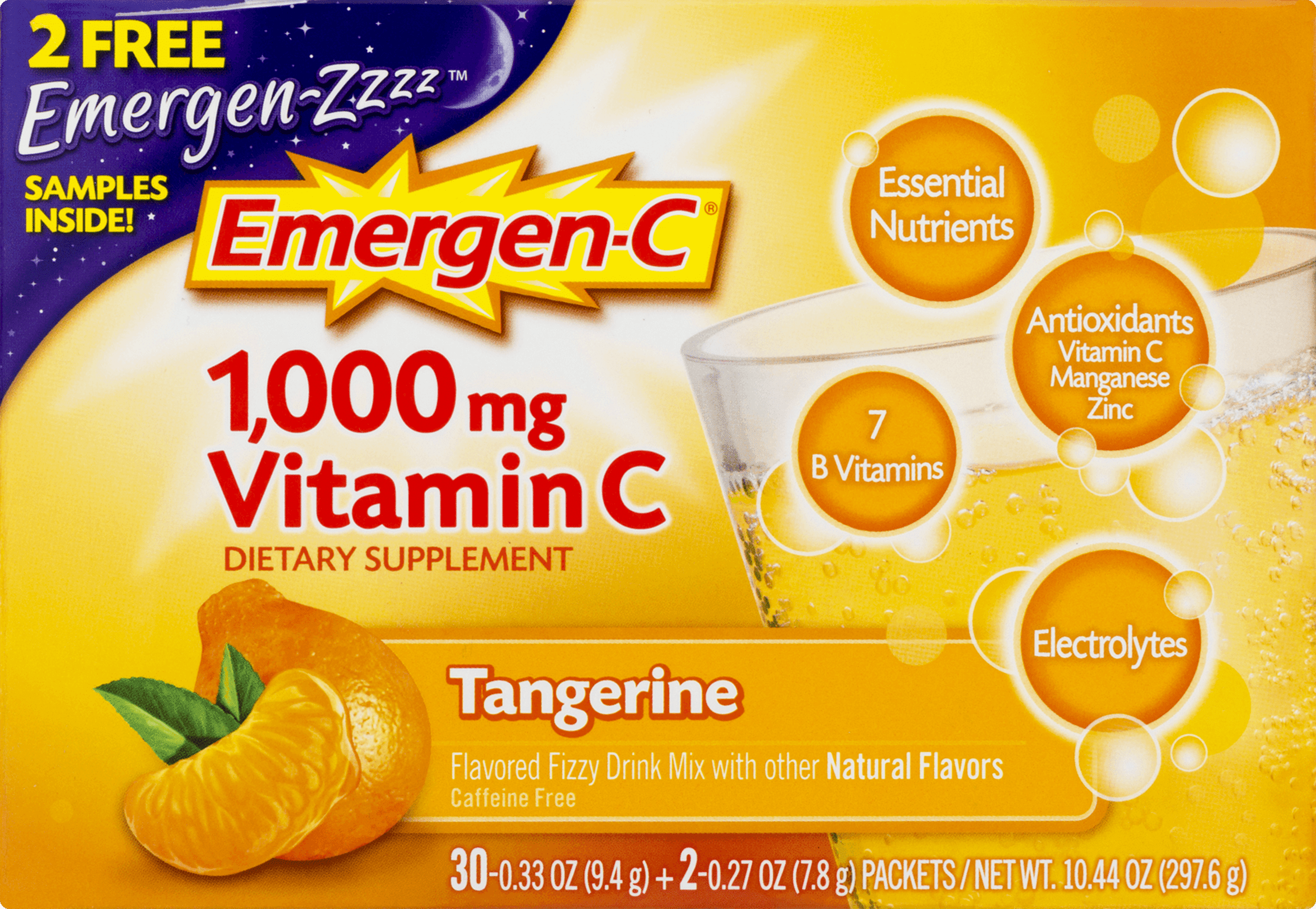Emergen-C + 2 Bonus Emergen-Z (30 Count, Tangerine Flavor) Dietary Supplement Fizzy Drink Mix with 1000 mg Vitamin C, 0.33 Ounce Packets, 2 Emergen-Zzzz Samples Included, Caffeine Free