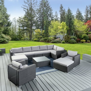 Outdoor 8 Seater Wicker Sectional Sofa Set with Cushions, Grey ,Silver