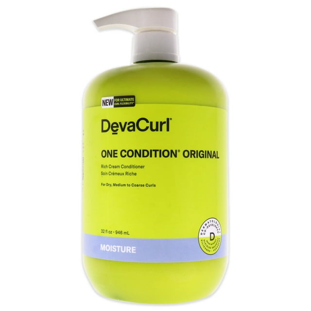 One Condition Original by DevaCurl for Unisex - 32 oz Conditioner in a lime green bottle with a pump dispenser. Designed for dry, medium to coarse curls, this rich cream conditioner hydrates, fights tangles, controls frizz, and leaves curls soft and bouncy. Ideal for travel size hair care, the label features 'Moisture' branding and dermatologist-tested certification.