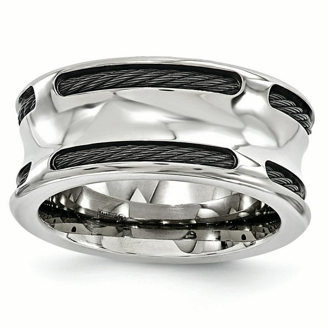 Edward Mirell Stainless Steel & BlackTi Cable Polished Concave 10mm Ring Size 8.5