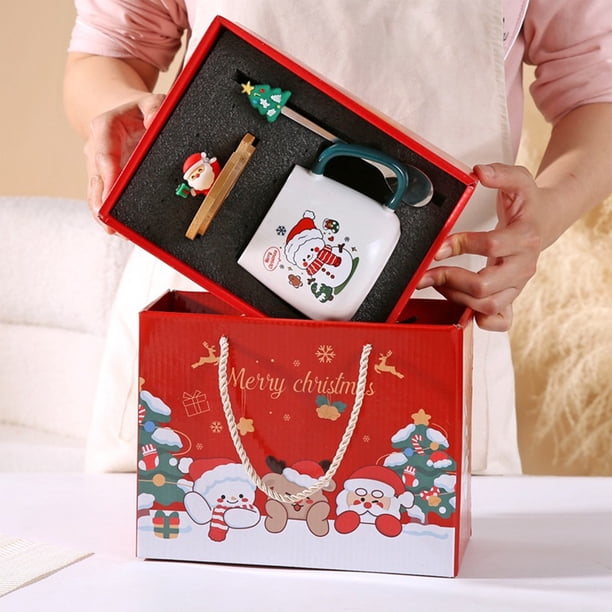 Taza navideña de cerámica con tapa y cuchara de 400 ml | Taza de café navideña roja con diseño de reno de Papá Noel | Set de regalo festivo en caja decorativa | Ideal para regalos de Navidad y uso