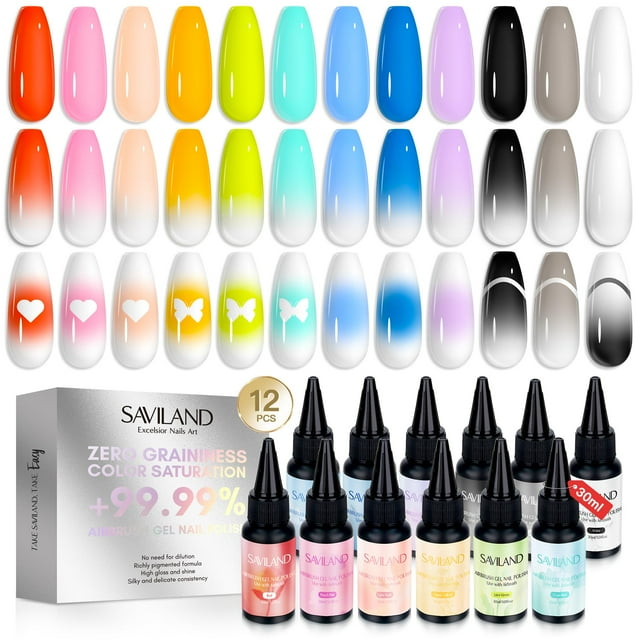Set de esmaltes de uñas en gel SAVILAND Airbrush, 12 colores, 30 ml, a base de agua