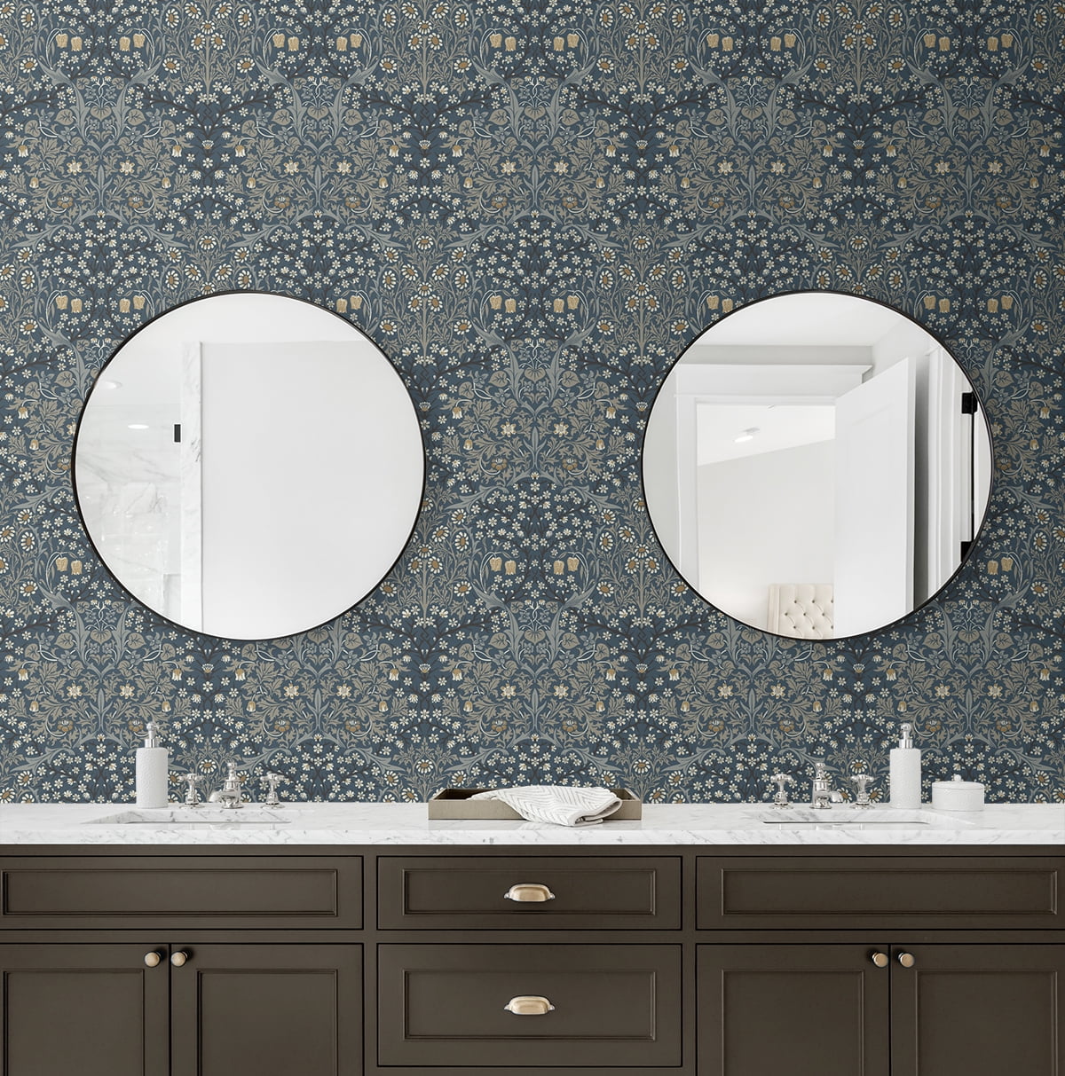 Seabrook Designs Aegean Blue & Warm Stone Victorian Garden Floral Prepasted Wallpaper - 20.9 in. W x 33 ft. Roll
