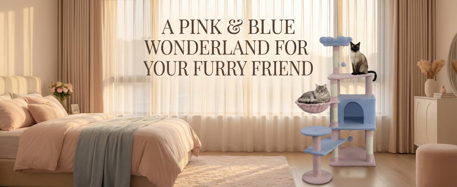Blue Flower Cat Tree, 56" Multi-Level Cat Tower with Large Condo, Removable Flower Cushion & Hammock, Sisal Scratching Posts for Indoor Cats