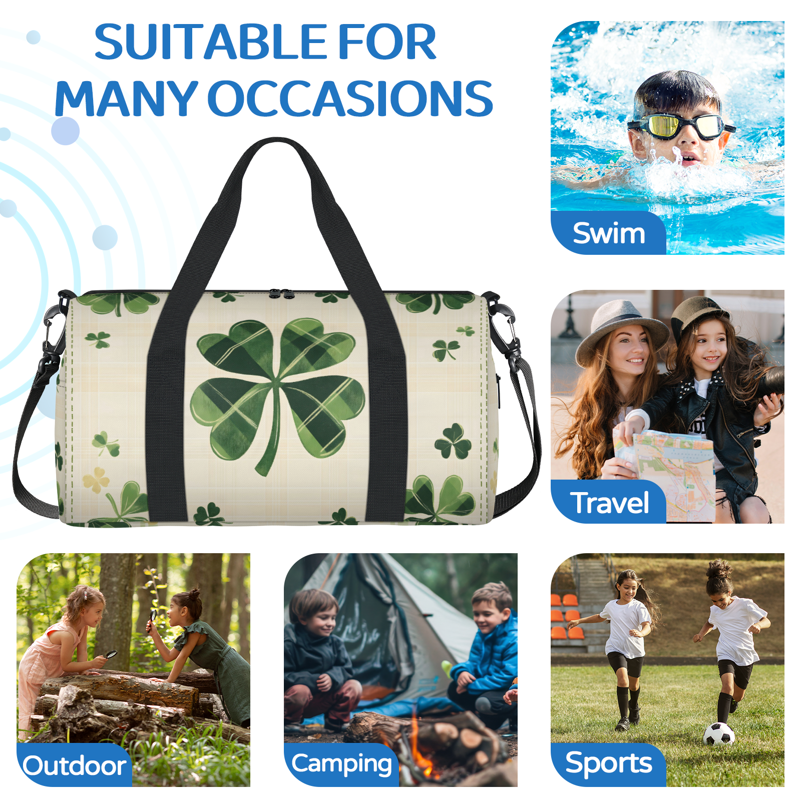 Herdesigns St Patrick's Day Shamrock Gym Bag for Women, Duffle Bag for Travel Sport, Lightweight Waterproof Carry on Weekender Overnight Dance Yoga Workout Bags