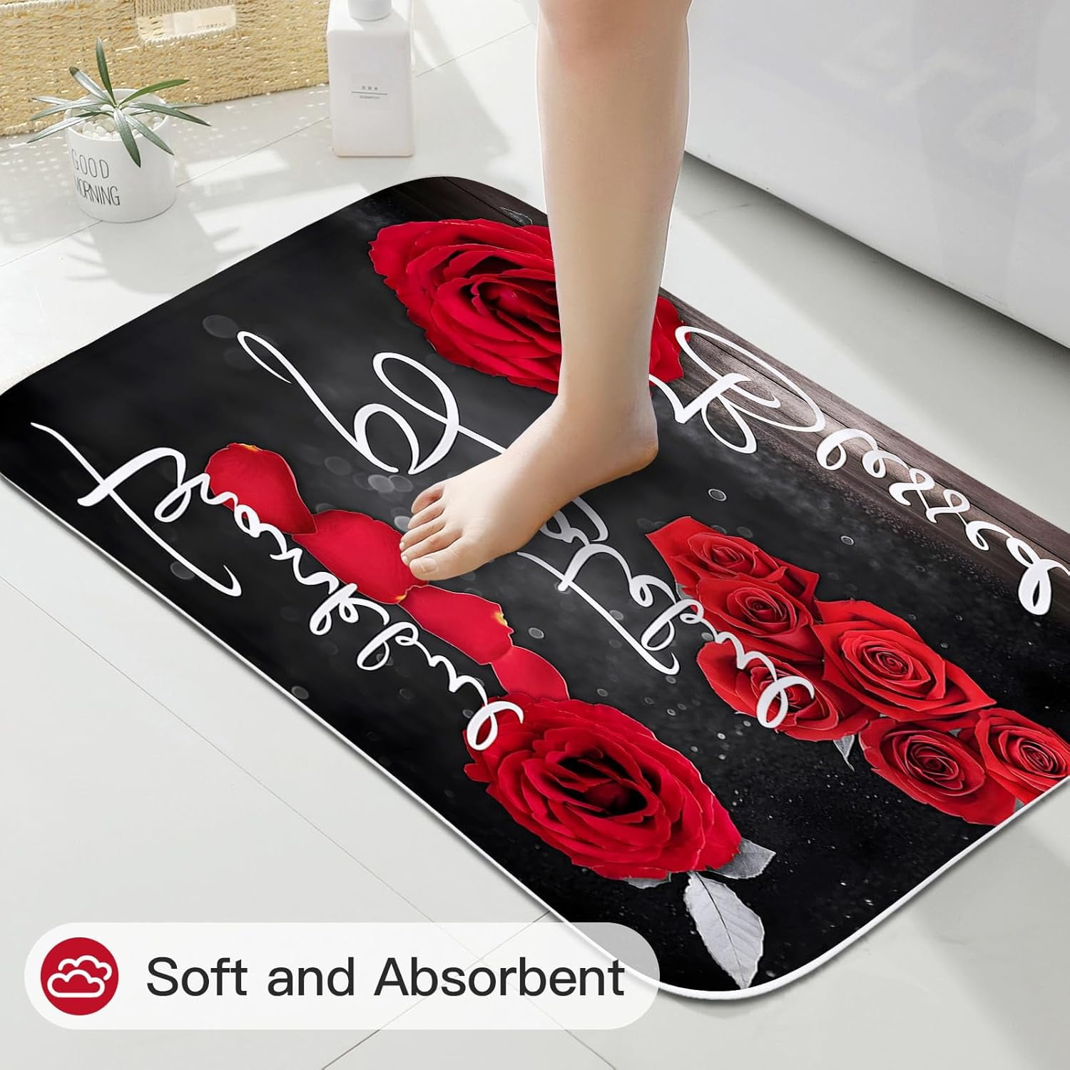 4 Pcs Red Rose Shower Curtain Set with Non-Slip Rugs, Toilet Lid Cover and Bath Mat, Thankful Grateful Blessed Romantic Showy Elegant Floral Bathroom Decor Set with Shower Curtain and Rugs