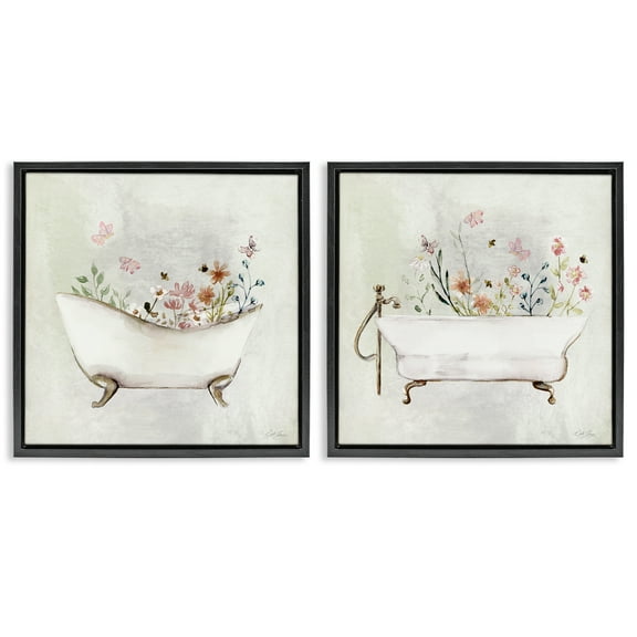 Stupell Industries Clawfoot Flower Garden Bees Bath & Laundry Painting Black Floater Framed Canvas Art Print Wall Art, 18 x 18, Set of 2