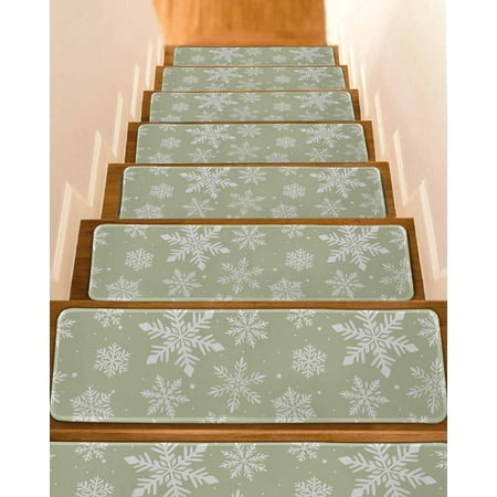 Sage Green Snowflake Christmas Stair Treads for Wooden Steps Indoor Runner Rug Carpet Winter Xmas Snowflakes 7 Pieces Peel and Stick Staircase Step Treads Covers Washable Throw Door Mats 30 x8
