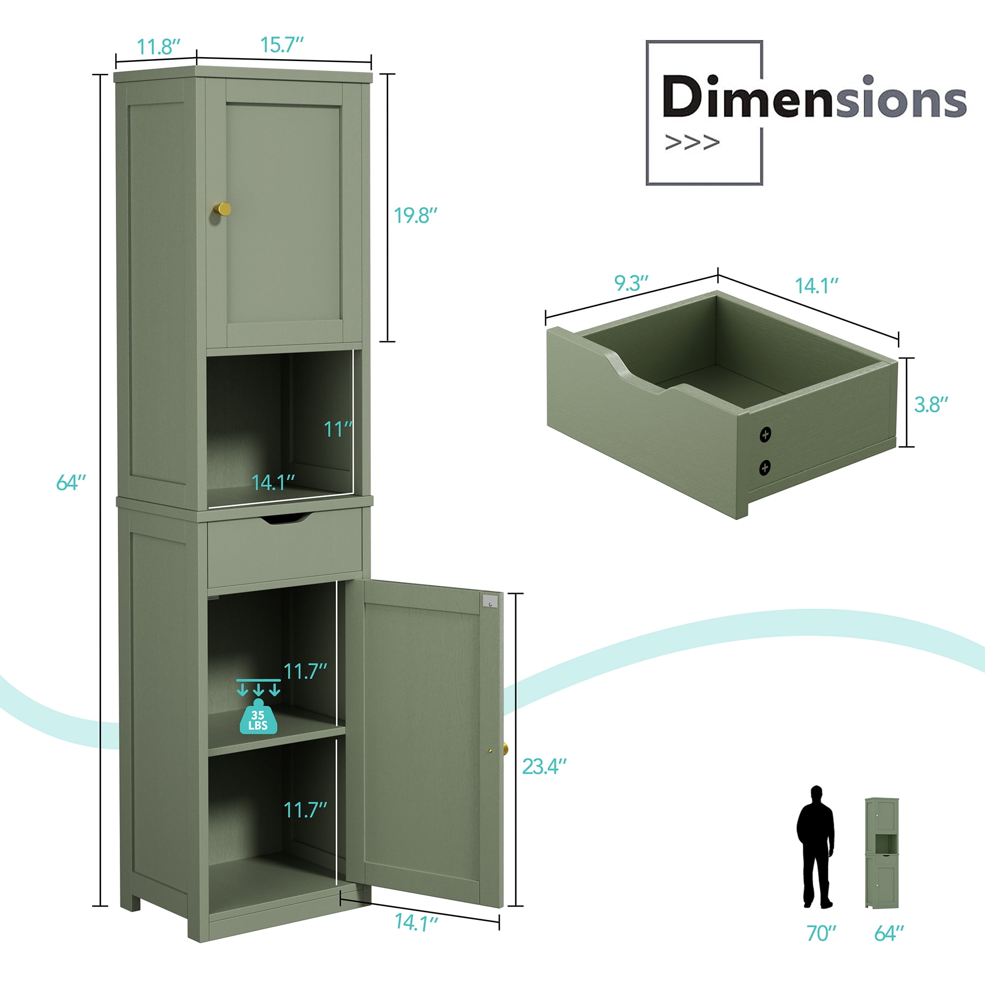 2PCS Bathroom Storage Cabinets 64" Tall Narrow Wooden Cabinets Set of 2 with Doors Shelves Drawer Green