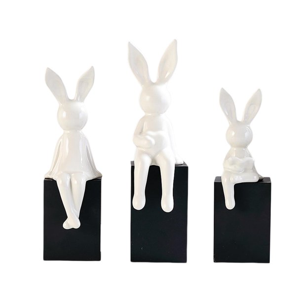 3 estatuas de la familia de conejos, figuritas, esculturas de conejo, adornos coleccionables para interiores, artesanías de cerámica para estanterías, Blanco perfecl Estatuilla Escultura