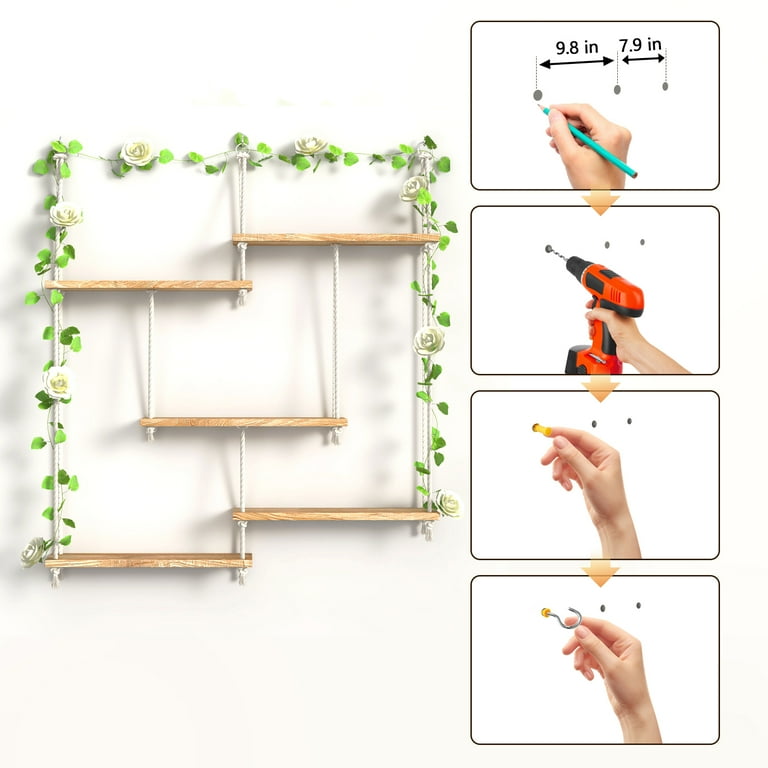 Hanging Shelves For Wall,Macrame Hanging Plant Shelf With Vine Lights 3