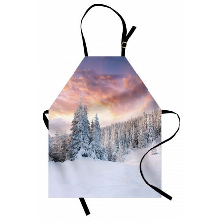 

Winter Apron Sunrise in Winter Landscape Snowy Fields Frozen Pine Trees Northern Hemisphere Unisex Kitchen Bib Apron with Adjustable Neck for Cooking Baking Gardening Coral White Blue by Ambesonne