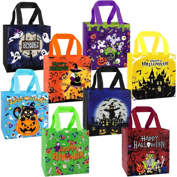 8pcs Halloween Trick or Treat Bags, Halloween Tote Gift Bags with Handles Reusable Non-Woven Goodie Candy Bags for Gifts Wrapping Halloween Party Favor Supplies