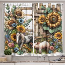 Ambesonne Rustic Kitchen Curtains, Vintage Farm Pig and Horse, 55"x36", Mustard Green Taupe
