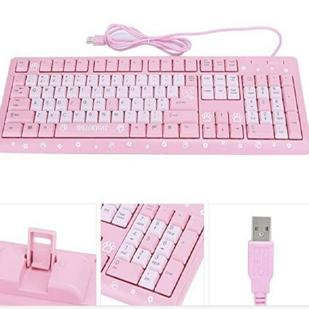 Kuymtek Teclado con cable rosa lindo USB ultrafino gato de dibujos animados teclado portátil para el hogar