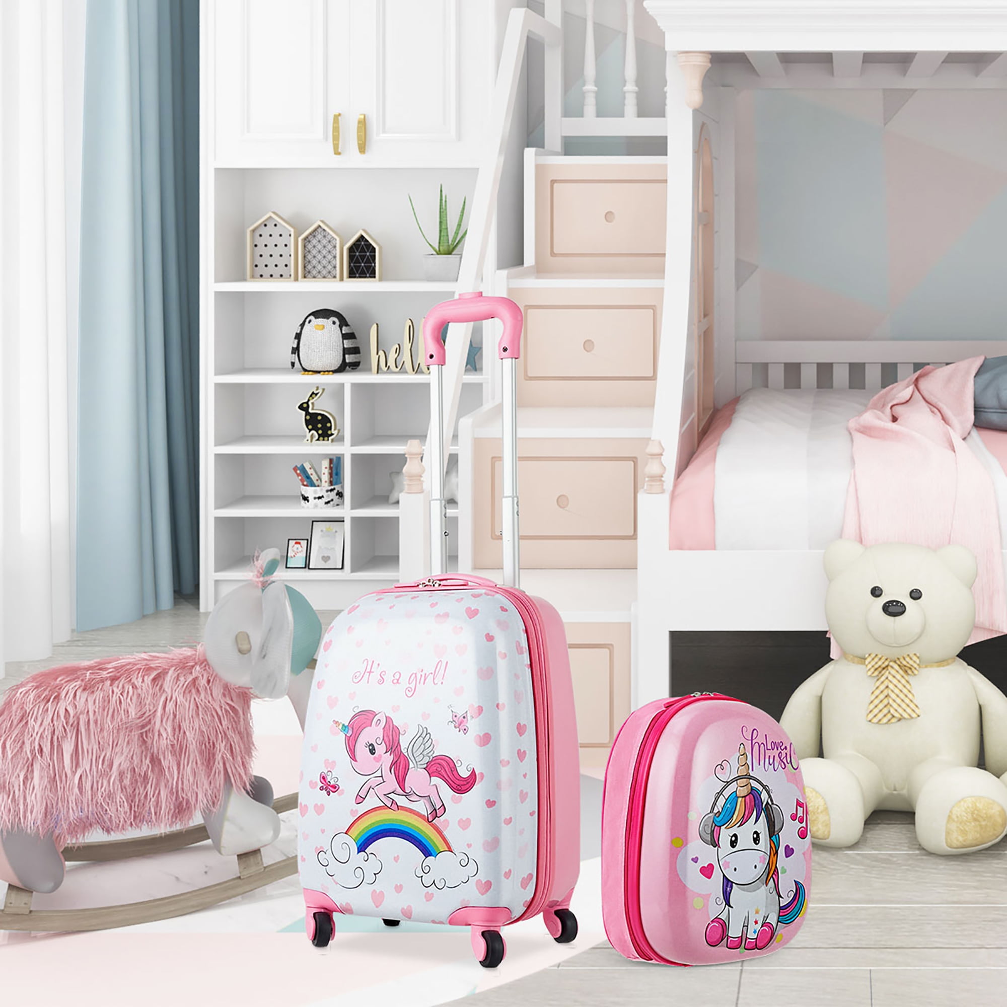Costway 2 Pcs Kids Luggage Set 12” Backpack & 16” Kid Carry On Suitcase for Boys Girls Pink