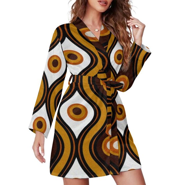 Mid-Century Print Pajama Robe V Neck Abstract Turquoise Retro Sleepwear Lady Long Sleeve Soft Pajamas Robes Spring Room Dresses
