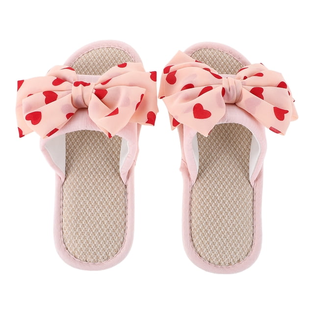 Pantuflas planas y cómodas para el dormitorio: tela de lino, puntera abierta, base de goma antideslizante y detalle de lazo sin puntera para mujer - Quiet Home Footwear