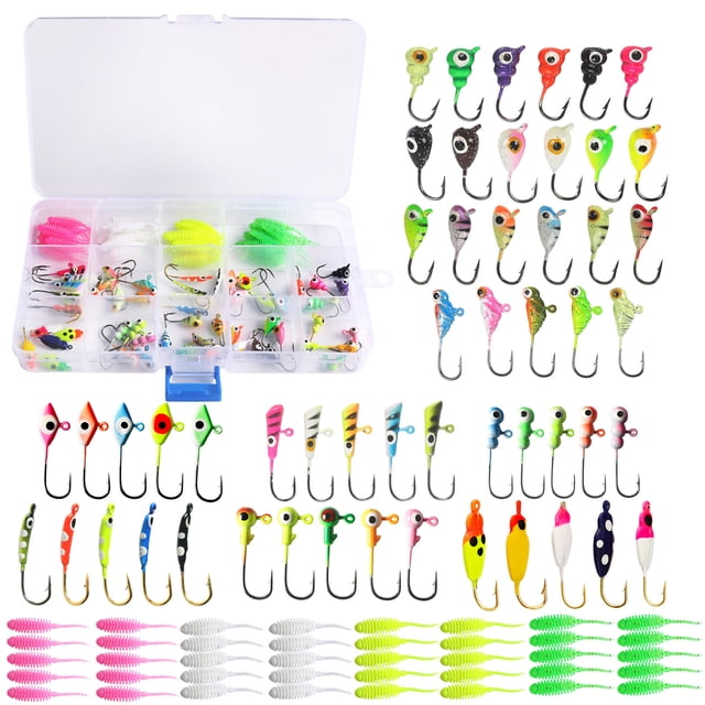 Gancho El kit de plantillas de pesca en hielo de 93 piezas incluye anzuelos con cabezales anzuelos y señuelos suaves para lubina, trucha y leucomas