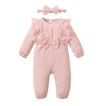 

NZRVAWS Newborn Baby Girls Outfits Jumpsuit Long Sleeve Bodysuit Gauze Solid Color Bow Round Neck Romper+ Headband 2PCS Clothes Set 6-12 Months Pink